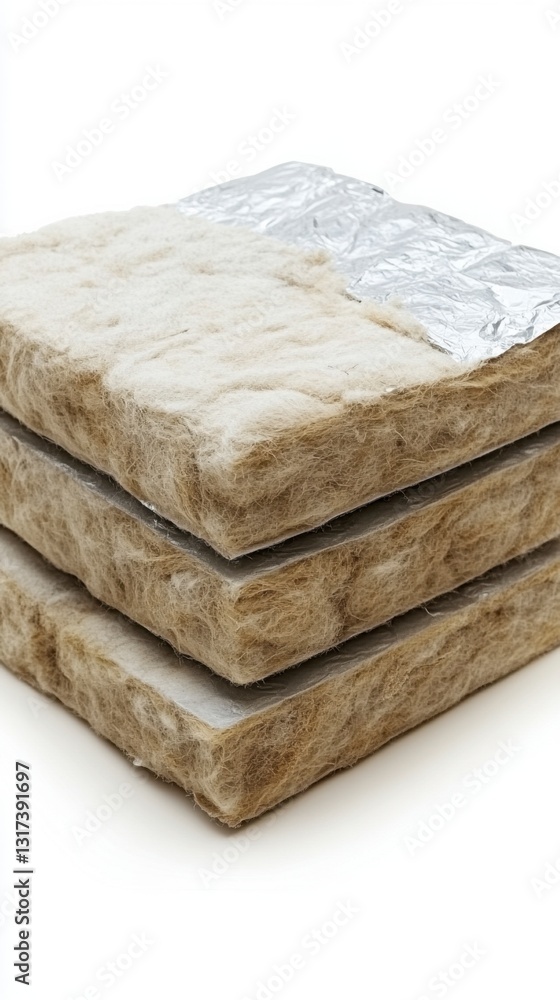 Poster beige and light brown rectangular blocks of building insulation material with a foil backing stacked