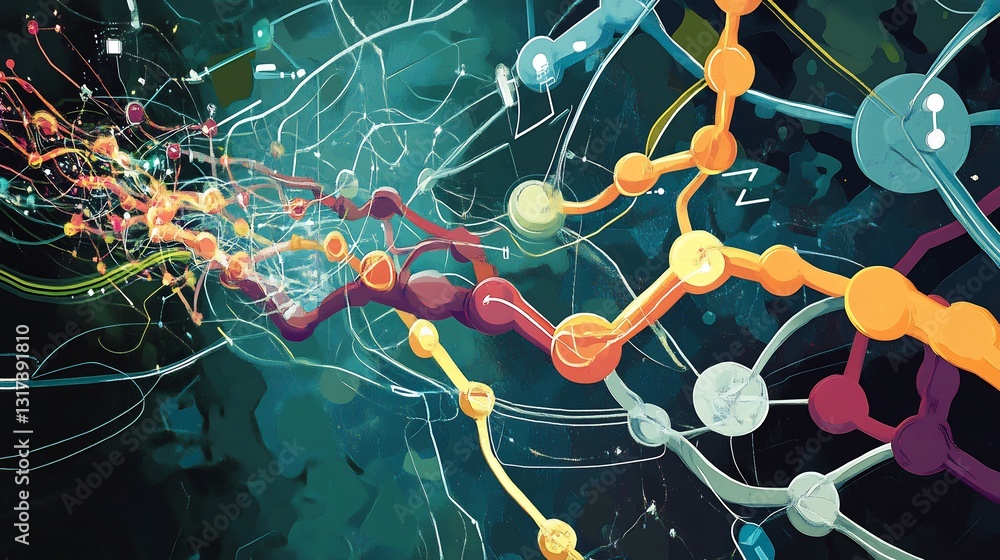 Poster artistic depiction of ebusiness highlighting interconnected nodes flowing forms digital business pla
