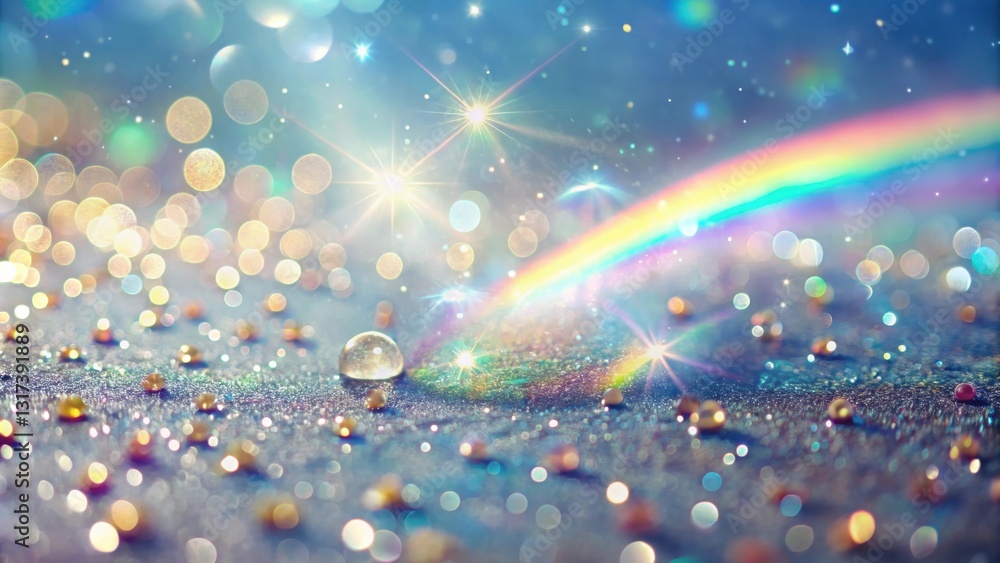Poster A single water drop shimmers on a sparkling surface with a rainbow and celestial lights in the background.