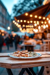 Fototapeta premium A disposable plate with food sits on a wooden table at a lively night market. Glowing lights and blurred figures enhance the intimate and bustling atmosphere