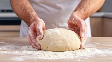 Fototapeta premium A home chef kneading dough on a floured countertop, hands covered in flour, cozy kitchen