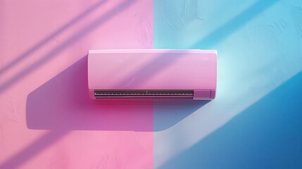 An elegant air conditioner set against a split pink and blue background symbolizes cooling and heating in a stylish and modern concept.
