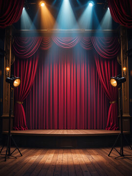 A vaudeville stage with vintage props and footlights, evoking nostalgia for a classic entertainment banner background