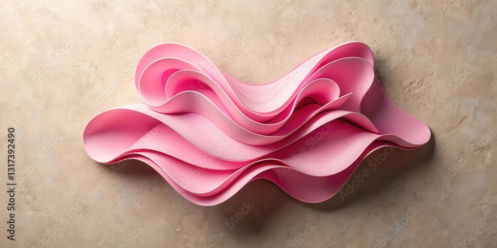 Poster abstract pink waves on a beige background, showcasing a dynamic composition of layered curves.