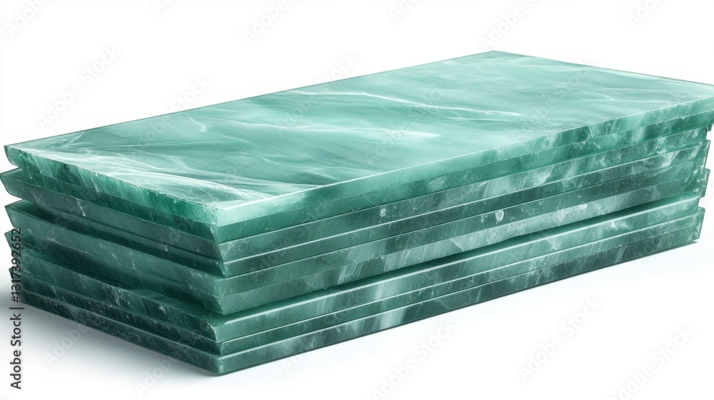 Poster stack of green translucent rectangular tiles with veined texture, isolated on white background. clea