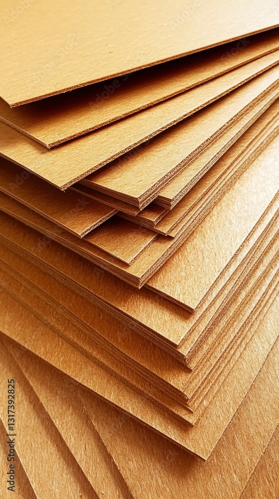 Poster close up view of a stack of light brown cardboard sheets, showing texture and layers.