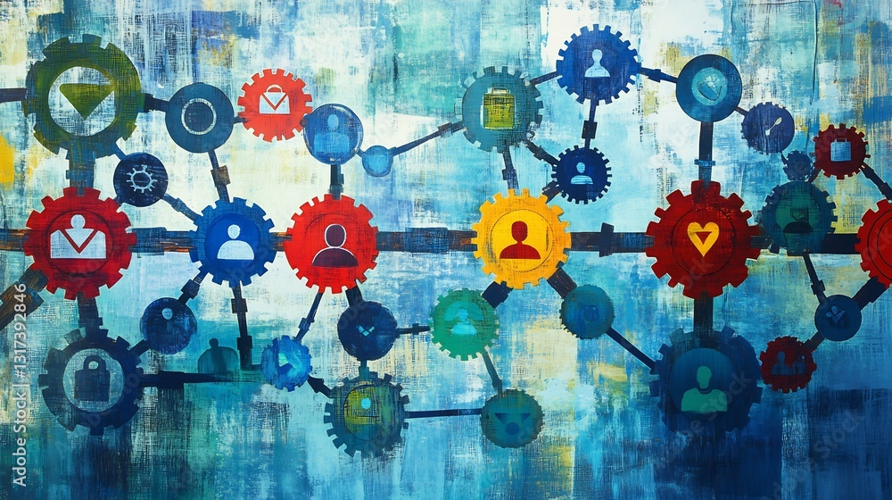 Poster artistic depiction of employee engagement interconnected layer symbolizing collaboration shared goal