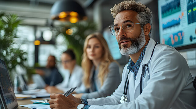 Doctor in white coat in professional meeting with colleagues and data graphs on screen.