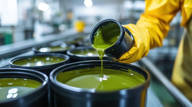 Worker in yellow gloves pouring vibrant green paint from a container in a factory setting