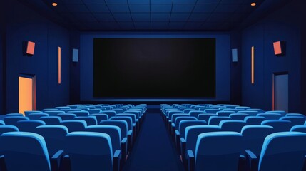 Nighttime cinema experience in an empty movie theater with blue seating and ambient lighting