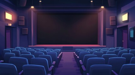 Fototapeta premium Empty theater auditorium with rows of blue seats and a stage under soft lighting
