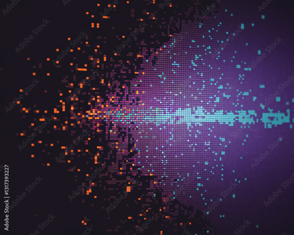 Poster abstract image of multicolored pixels, forming a dynamic, energetic composition. represents digital 