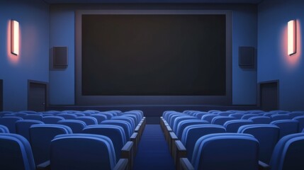 Fototapeta premium Empty movie theater auditorium with blue seats and large screen for film watching experience