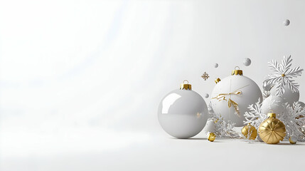 Elegant White and Gold Christmas Ornaments with Snowflakes on a Minimalist White Background in Soft Light Perfect for Holiday Theme