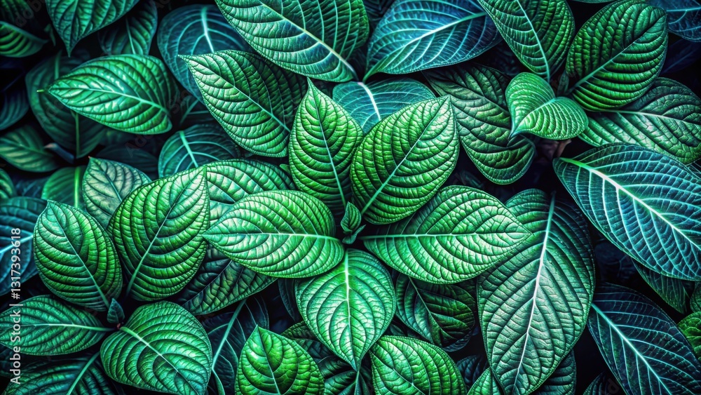 Poster a mesmerizing pattern of emerald green leaves with intricate vein patterns, showcasing nature's arti