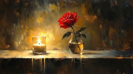 A classical oil painting of a single red rose in a delicate glass vase, soft candlelight reflecting off the surface, wax drippings beside it, warm golden hues blending with deep shadows,