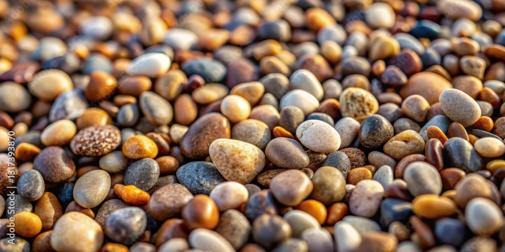 Poster a close-up view of a textured surface of smooth, rounded, multi-colored pebbles, with a subtle color