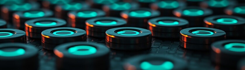 A close-up view of a series of glowing, circular buttons, creating a visually striking pattern with a dark background.
