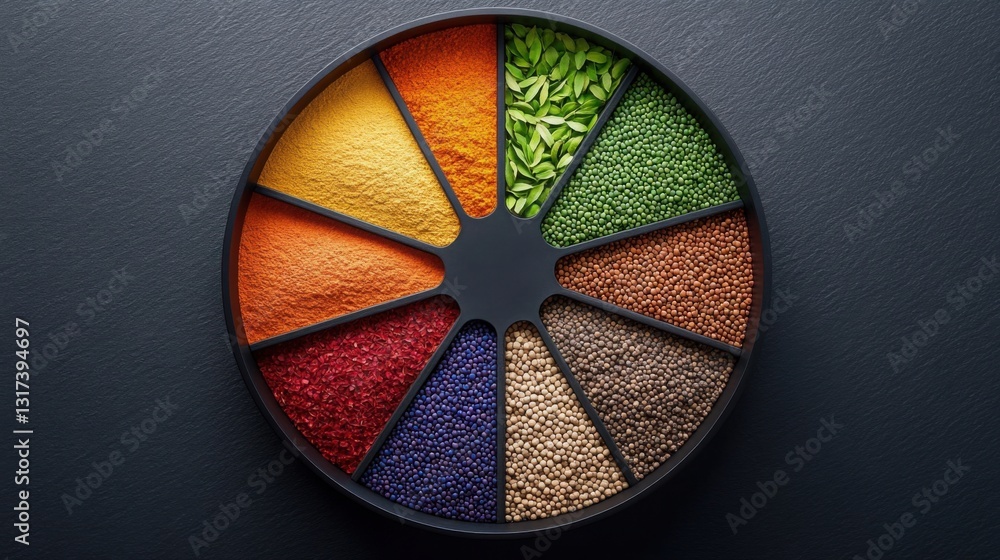 Poster a mesmerizing top-down view of spices arranged in a perfect circle.