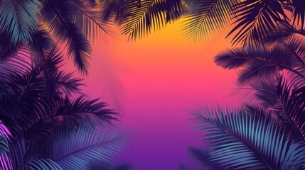 Tropical sunset with vibrant palm leaves silhouette for summer design and background