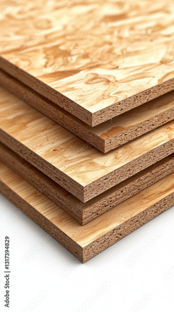 Poster close up view of light brown particleboard sheets stacked on a white background, showing the layered