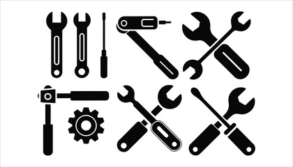 Black Silhouette Hand Tools Vector Set. Wrenches, Screwdrivers, Hammer, Gear Icon.