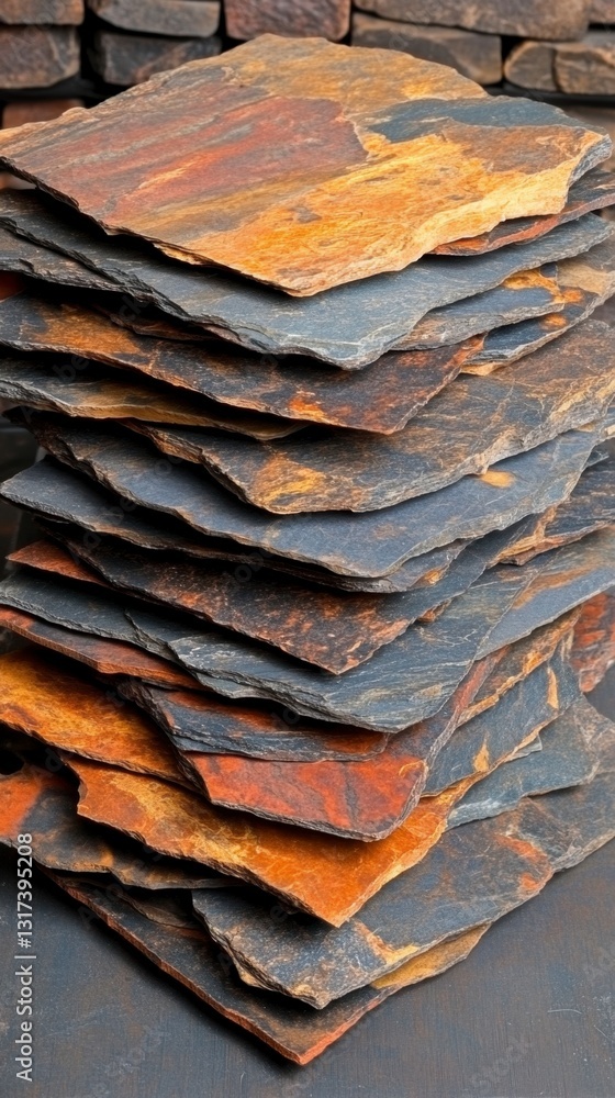 Poster a stack of multicolored slate tiles in shades of brown, orange, and gray, showing variations in text