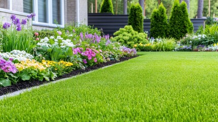 Garden-focused backyard with vibrant flower beds and sustainable vegetable patch in a serene setting