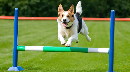 Happy dog jumping over agility obstacle in green field