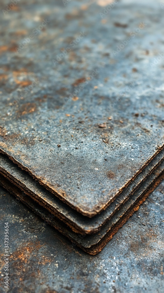Poster close up view of stacked rusty metal sheets with a dark, gritty texture. the edges show signs of wea