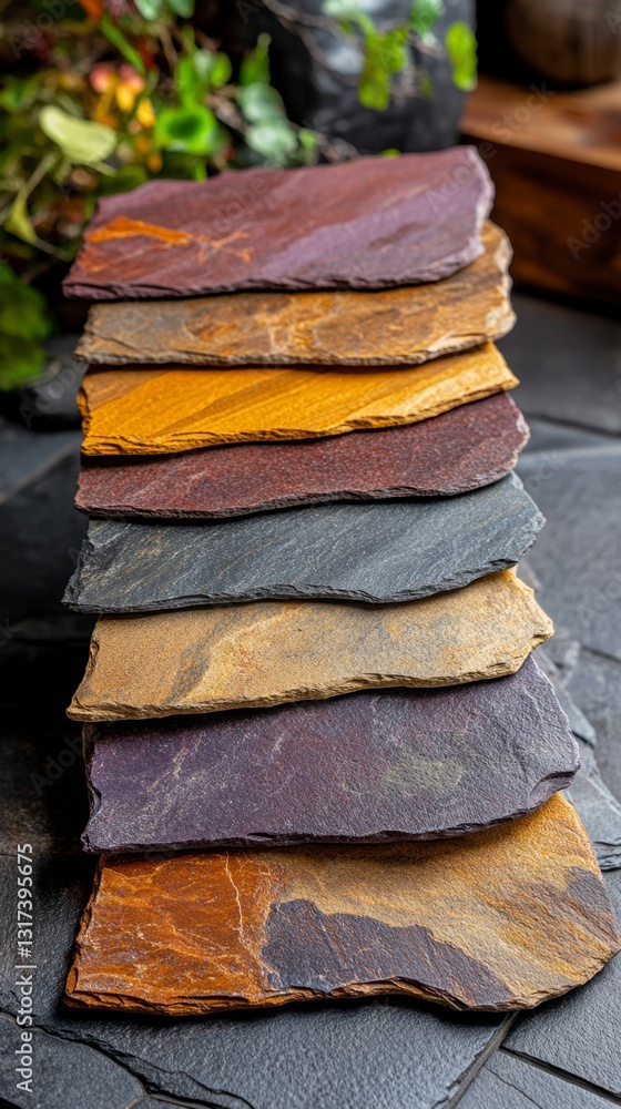 Poster a stack of slate tiles in various colors and textures, showcasing natural earth tones and variations