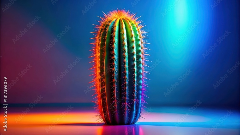 Poster a single cactus illuminated by a spectrum of vibrant colors, showcasing a contemporary and artistic 
