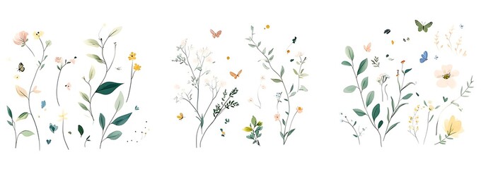 Abstract floral and botanical illustrations, a set of three vector designs for wall art