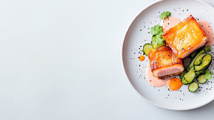 High-angle shot of tantalizing crispy pork belly served on a plate accompanied by flavorful side dishes and garnishes