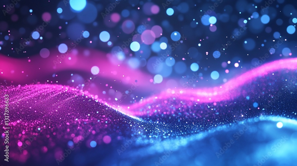Poster abstract cosmic nebula: glowing pink and blue particle waves with sparkling bokeh