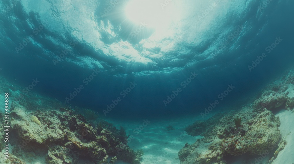 Poster underwater scene showing sunlight filtering through the ocean surface, illuminating a seabed with ro