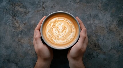 A professional barista creating intricate latte art in a cappuccino, top-down shot, cafÃ© vibes