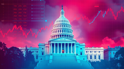 Us capitol with stock market graph symbolizes economic growth and policy impact