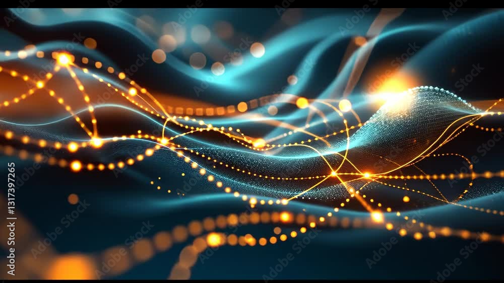 Poster abstract digital depiction of interconnected data points with flowing wave-like patterns and glowing
