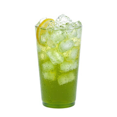 Refreshing iced green tea in a clear glass with lemon wedge and ice cubes Crisp invigorating visual on white background