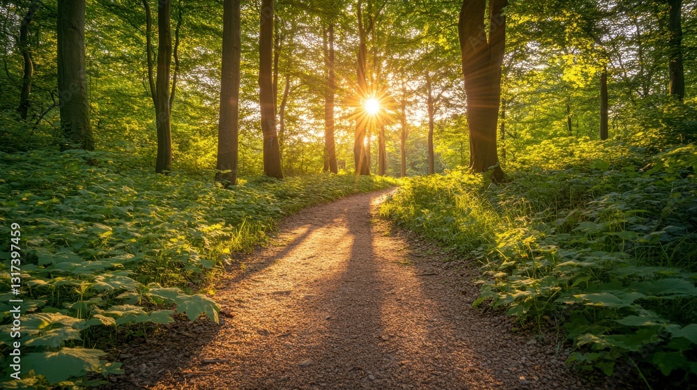 Poster sunlit path winds through lush green forest, golden hour light streams through trees creating warm, 