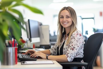 Friendly female customer support specialist providing assistance in a modern office
