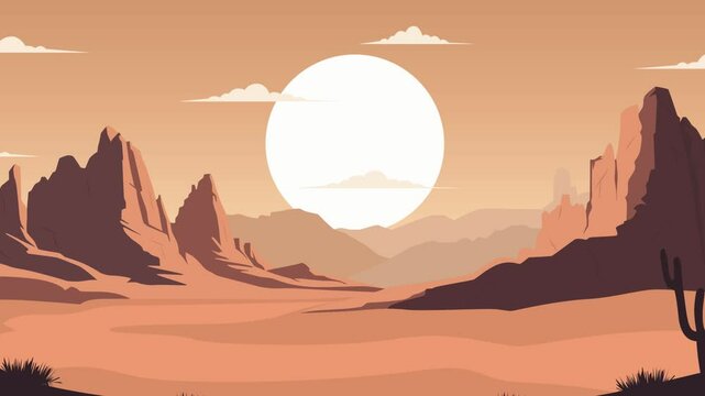 Animation of desert landscape with cactus and rocky mountains