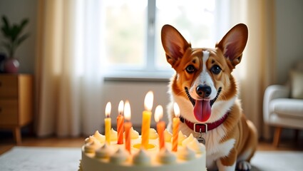 Corgi dog, birthday cake, lit candles, happy expression, big ears, living room setting, warm lighting