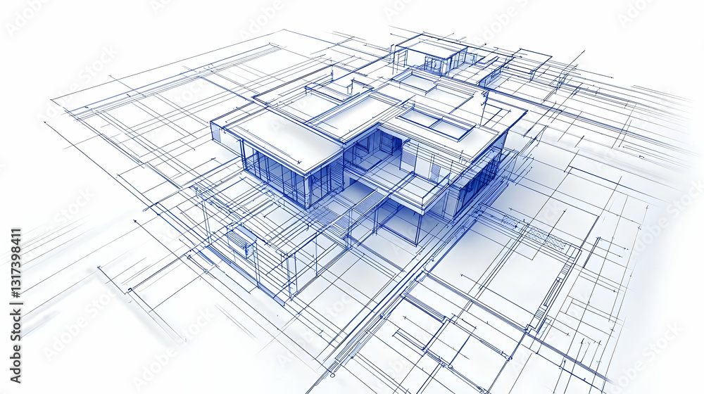 Fototapete 3d rendered virtual building blueprint with blue data points on white background in isometric view