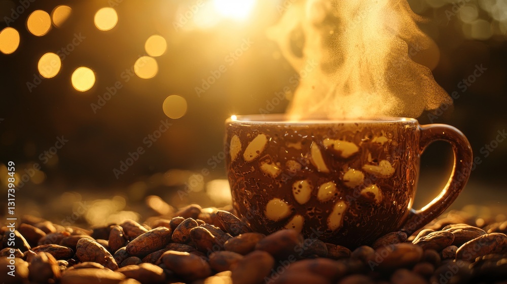 Poster steaming hot cocoa in rustic mug on cocoa beans.