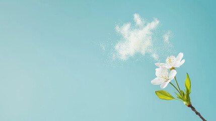 Planting trees for future generation, flowering branch releasing pollen against blue background