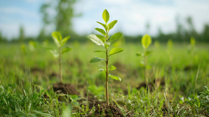 Obraz premium Planting trees for future generation, Young tree saplings growing in field of green grass under blue sky