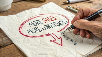 Handwriting sales strategy on napkin with pen for boosting conversions in business.