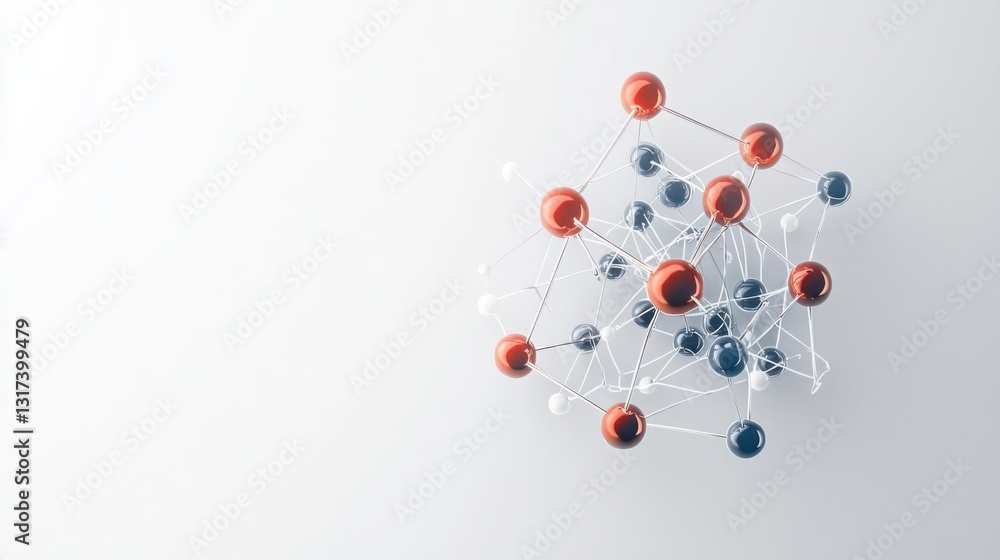 Poster abstract network structure of red blue and white spheres connected by white lines on light gray back